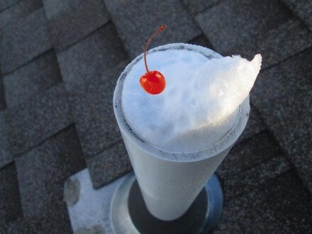 Plumbing vent frosted shut - two inch PVC with a cherry on top
