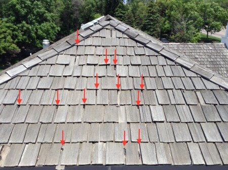 Open keyways on a hand-split cedar shake roof. 