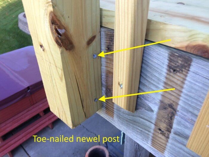 Toe-nailed newel post